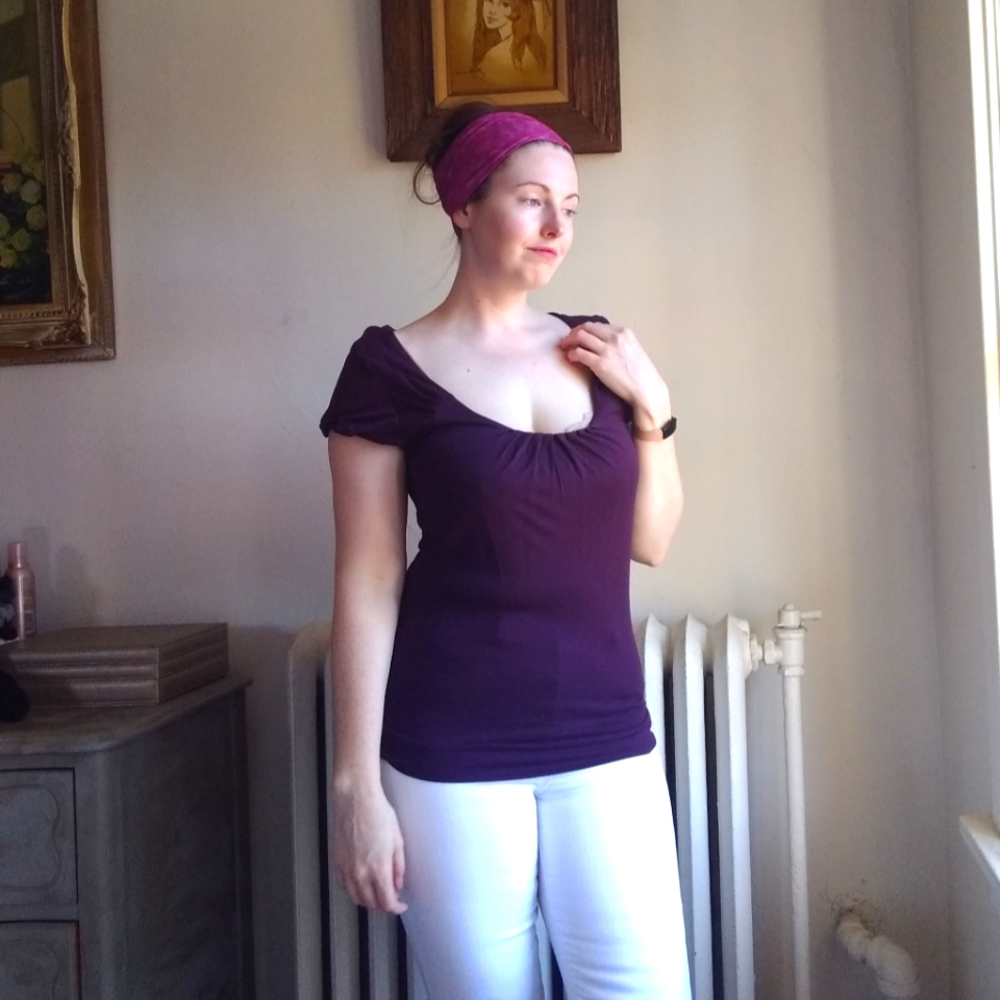 Kenar | Purple Pleated Cap Sleeved Knit Top Medium